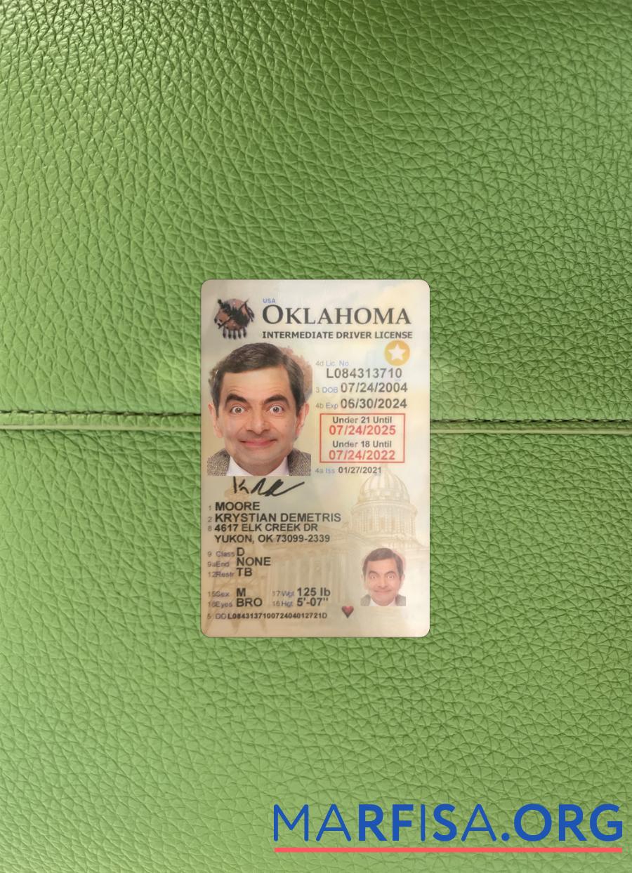 Printable USA Oklahoma under 21 driving license photolook sample